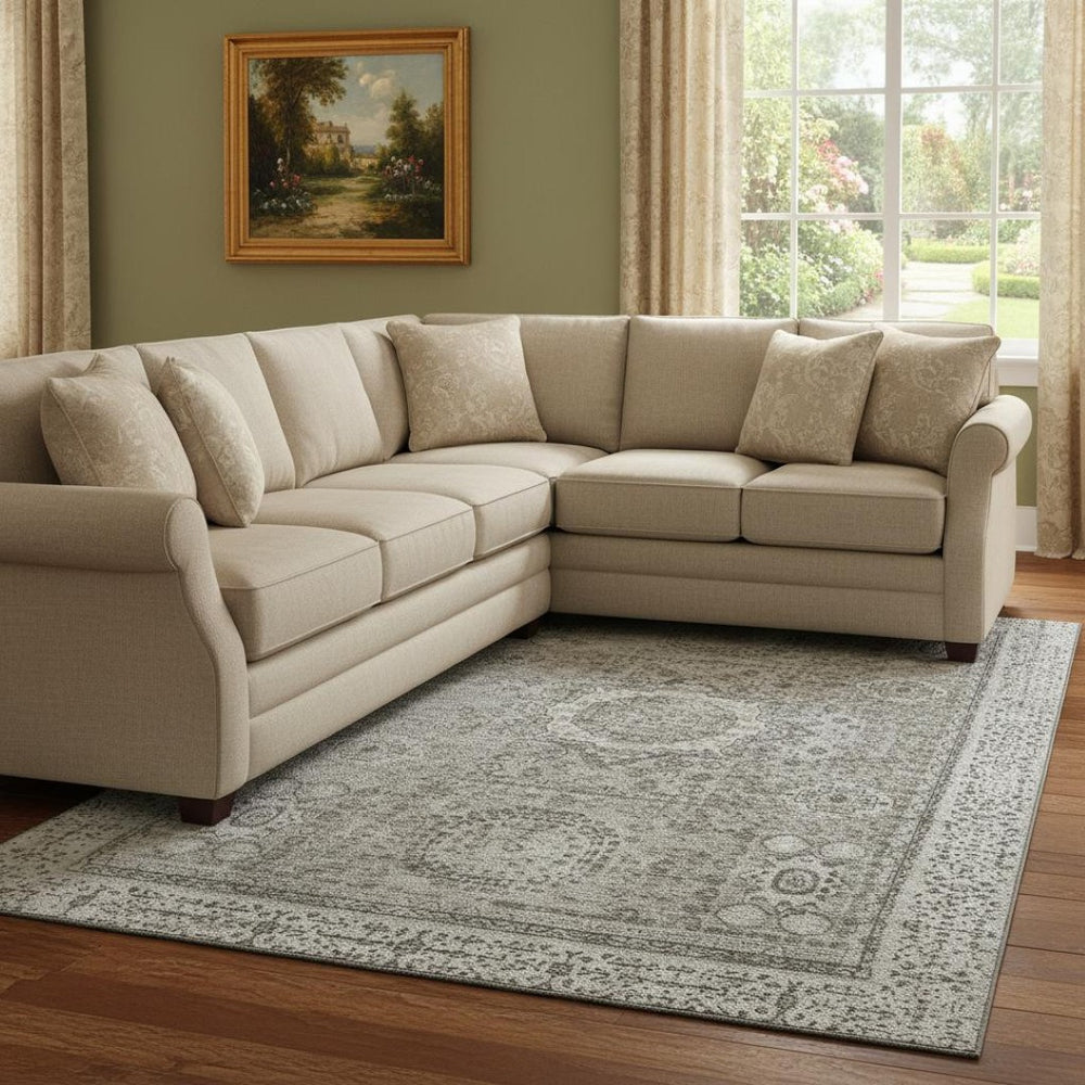 HomeRoots 8' X 10' Pewter and Silver Oriental Area Rug - Washable, UV Protected, Stain-Resistant Luxury Comfort 699786