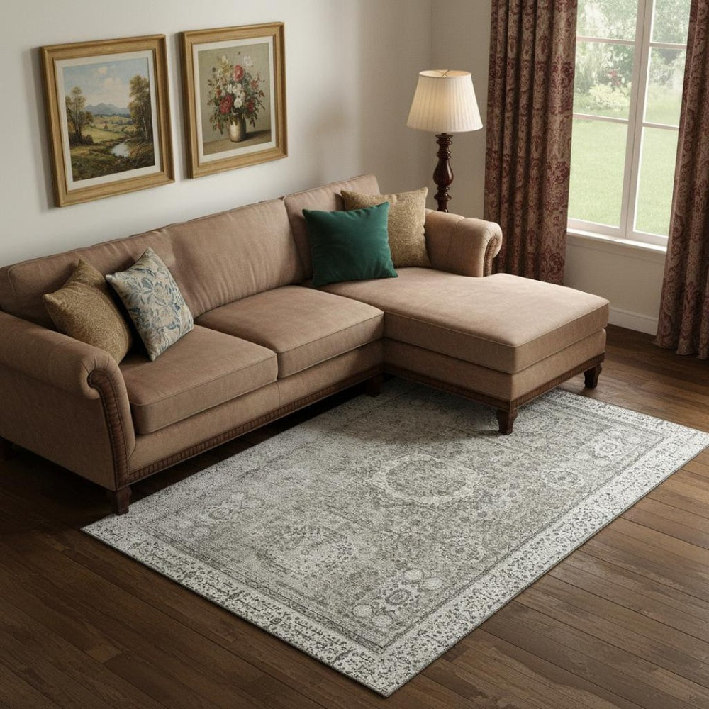 HomeRoots 10' X 14' Pewter and Silver Oriental Area Rug – Washable, Stain-Resistant, UV Protected Elegance 699788