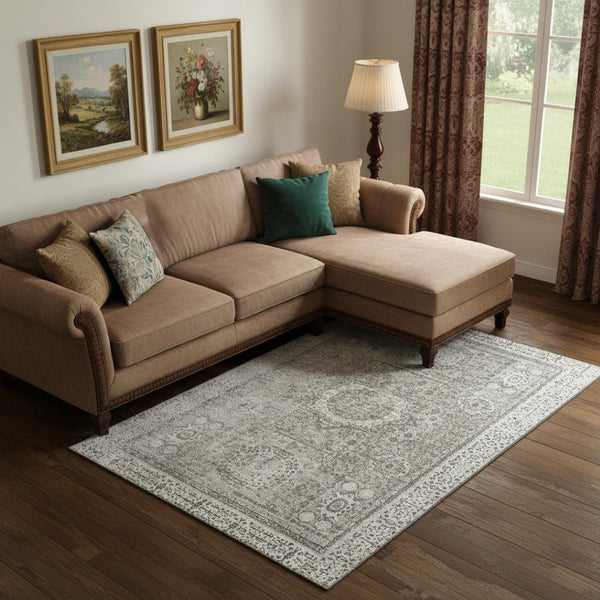 HomeRoots 10' X 14' Pewter and Silver Oriental Area Rug – Washable, Stain-Resistant, UV Protected Elegance 699788