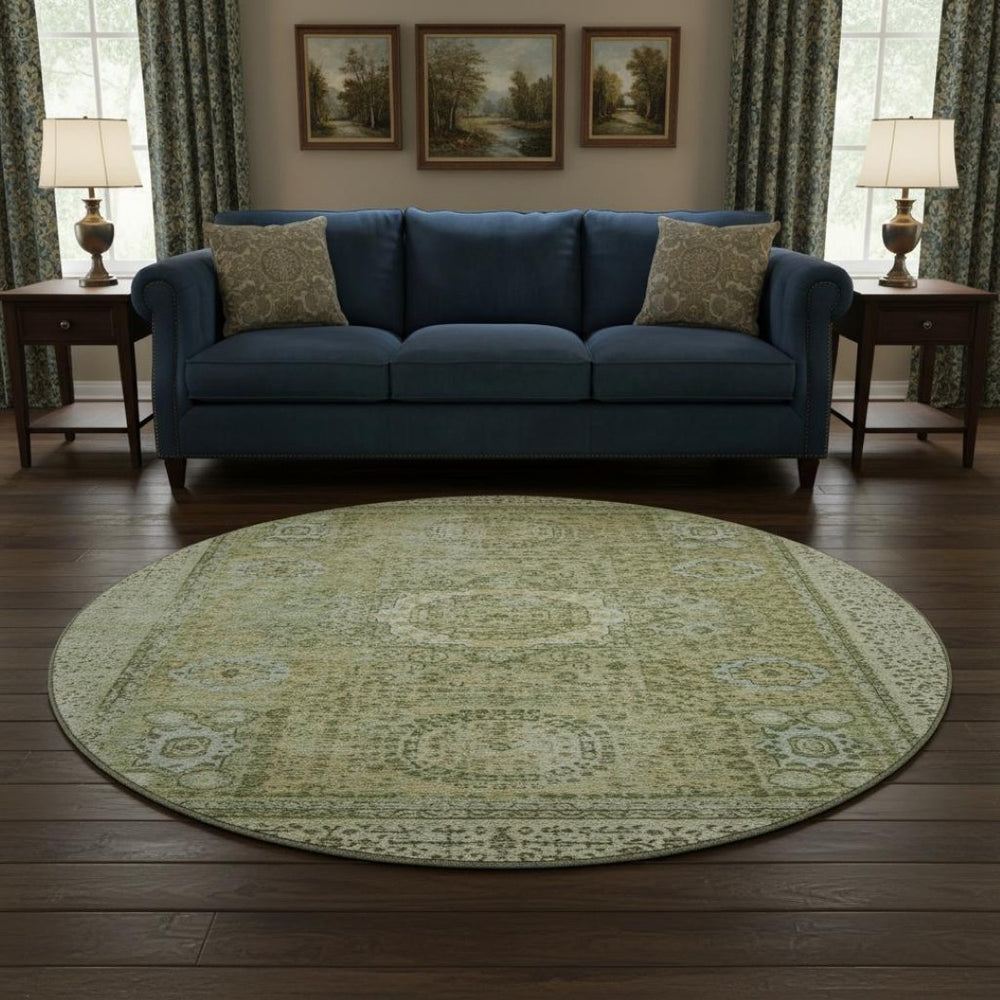 HomeRoots 8' Sage and Gray Oriental Round Rug – Washable, UV-Protected, Perfect for Homes with Kids & Pets! 699791