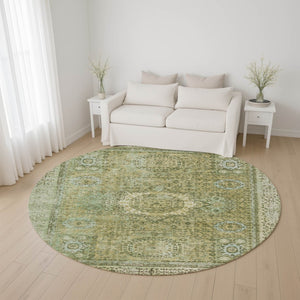HomeRoots 8' Sage and Gray Oriental Round Rug – Washable, UV-Protected, Perfect for Homes with Kids & Pets! 699791
