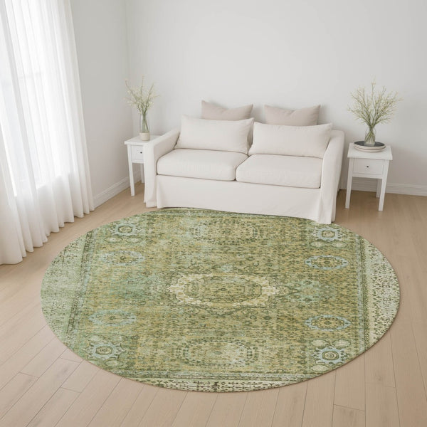 HomeRoots 8' Sage and Gray Oriental Round Rug – Washable, UV-Protected, Perfect for Homes with Kids & Pets! 699791