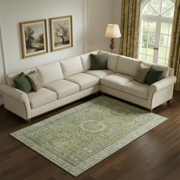 HomeRoots 9' X 12' Elegant Sage and Gray Oriental Area Rug - Washable, UV Protected, Stain-Resistant Design 699793