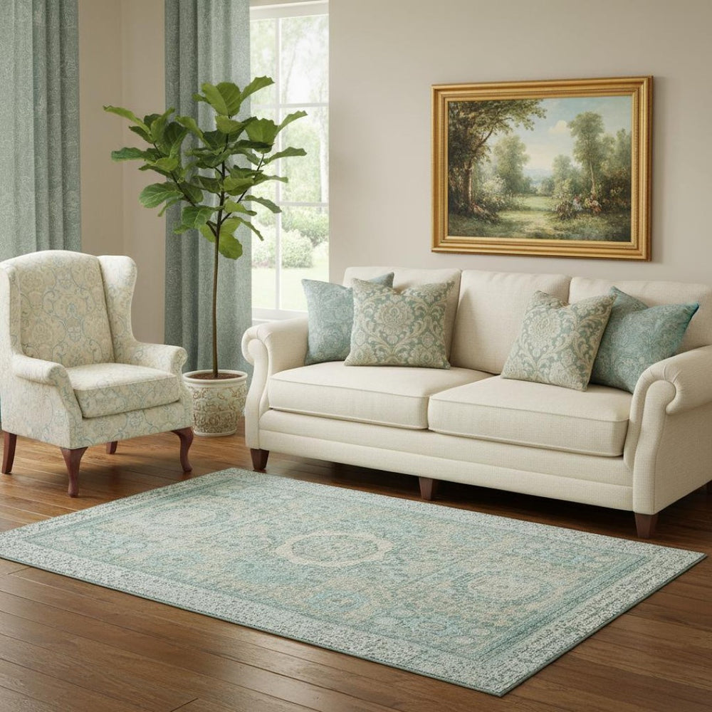 HomeRoots 5' X 8' Turquoise & Beige Oriental Area Rug – Durable, Washable, UV-Protected for Stylish Living Spaces 699796