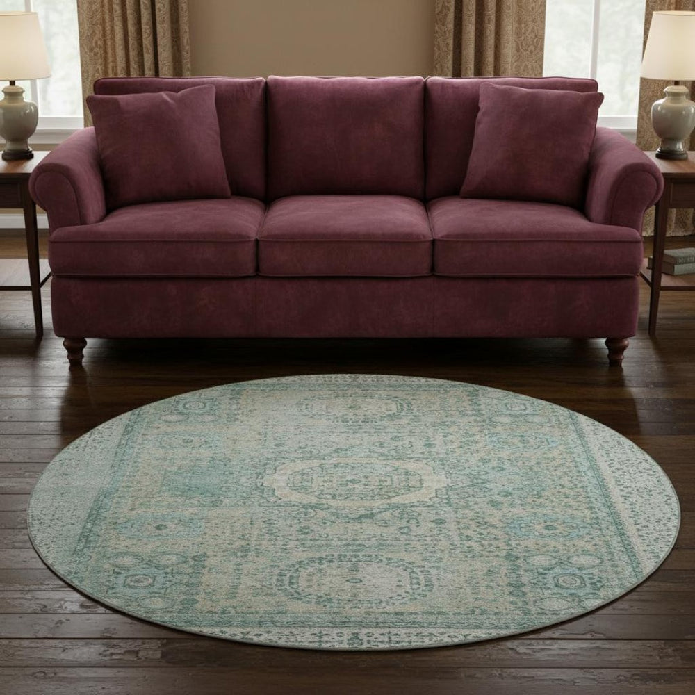 HomeRoots 8' Turquoise and Beige Oriental Round Rug - Washable, UV Protected, Stain Resistant for Homes 699797