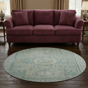 HomeRoots 8' Turquoise and Beige Oriental Round Rug - Washable, UV Protected, Stain Resistant for Homes 699797