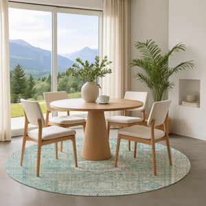 HomeRoots 8' Turquoise and Beige Oriental Round Rug - Washable, UV Protected, Stain Resistant for Homes 699797
