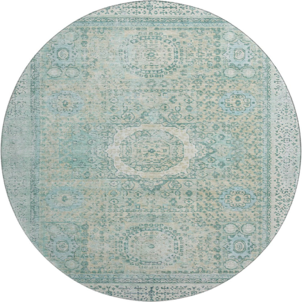 HomeRoots 8' Turquoise and Beige Oriental Round Rug - Washable, UV Protected, Stain Resistant for Homes 699797