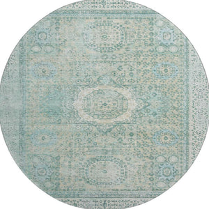 HomeRoots 8' Turquoise and Beige Oriental Round Rug - Washable, UV Protected, Stain Resistant for Homes 699797