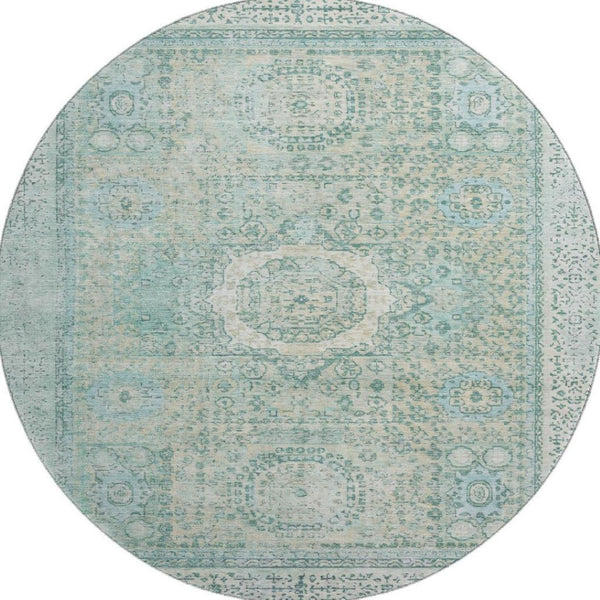 HomeRoots 8' Turquoise and Beige Oriental Round Rug - Washable, UV Protected, Stain Resistant for Homes 699797