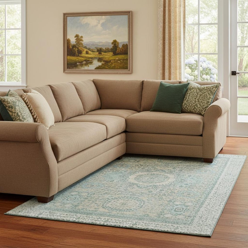 HomeRoots 8' X 10' Turquoise & Beige Oriental Area Rug - Stain-Resistant, UV-Protected, Non-Slip Backing 699798
