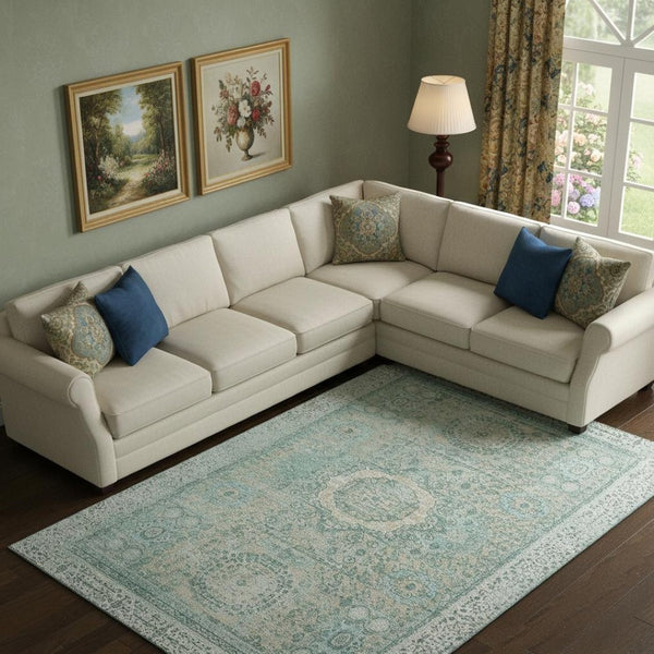 HomeRoots 9' X 12' Turquoise and Beige Oriental Area Rug - Stain Resistant, UV Protected, Family-Friendly Design 699799