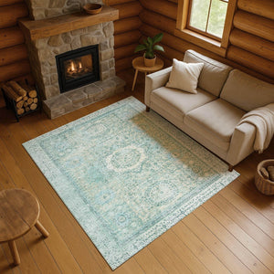 HomeRoots 9' X 12' Turquoise and Beige Oriental Area Rug - Stain Resistant, UV Protected, Family-Friendly Design 699799