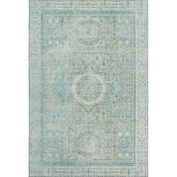 HomeRoots 9' X 12' Turquoise and Beige Oriental Area Rug - Stain Resistant, UV Protected, Family-Friendly Design 699799
