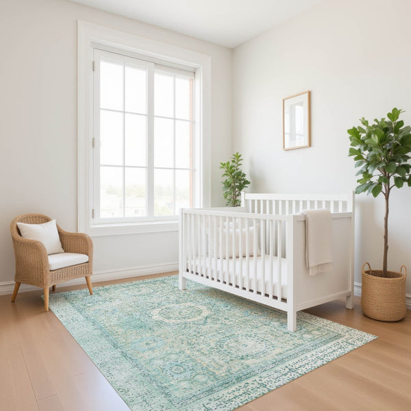 HomeRoots 9' X 12' Turquoise and Beige Oriental Area Rug - Stain Resistant, UV Protected, Family-Friendly Design 699799