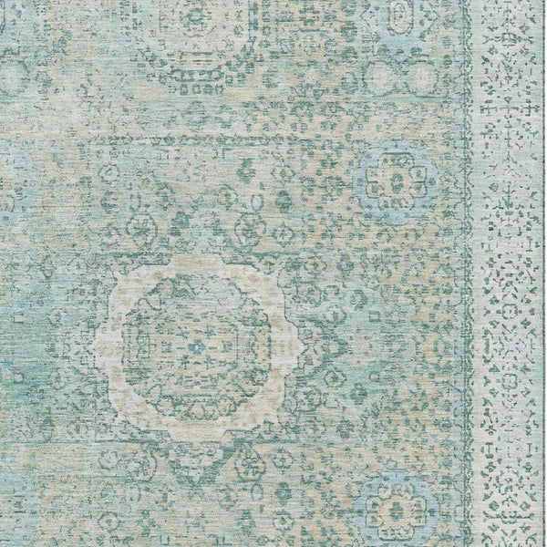 HomeRoots 9' X 12' Turquoise and Beige Oriental Area Rug - Stain Resistant, UV Protected, Family-Friendly Design 699799
