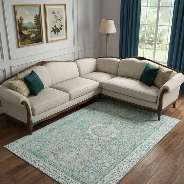HomeRoots 10' X 14' Turquoise & Beige Washable Area Rug - UV Protected, Durable & Stylish for Any Room! 699800
