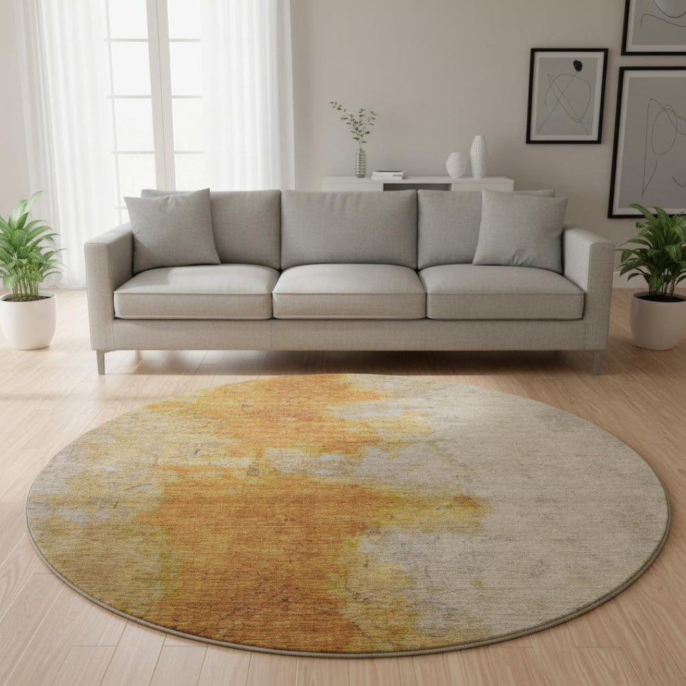 HomeRoots 8' Copper and Beige Abstract Round Area Rug - Durable, Washable, UV-Protected for Busy Homes 699803
