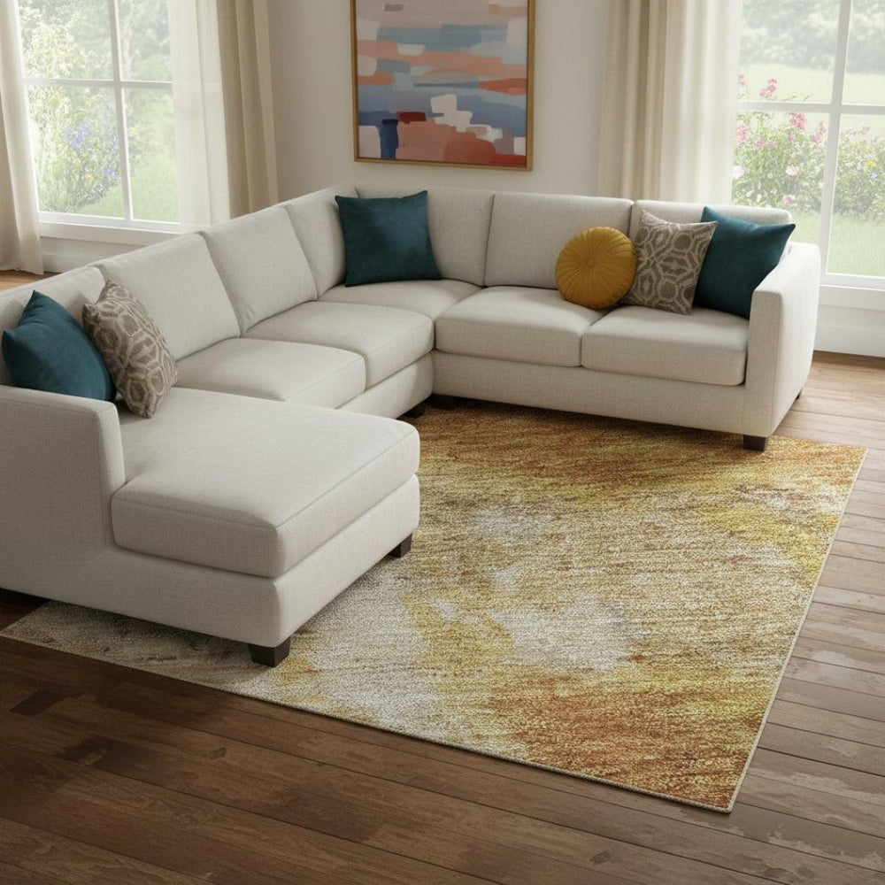 HomeRoots 8' X 10' Copper and Beige Abstract Washable Area Rug - Durable, Stylish, UV-Protected for Modern Homes! 699804
