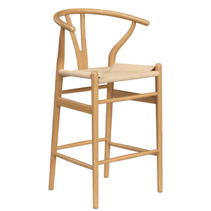 English Elm Wishbone Rattan Barstool with Woven Papercord Seat, Solid Ash Wood, Eco-Friendly Finish, Fully Assembled Natural T3623P379819