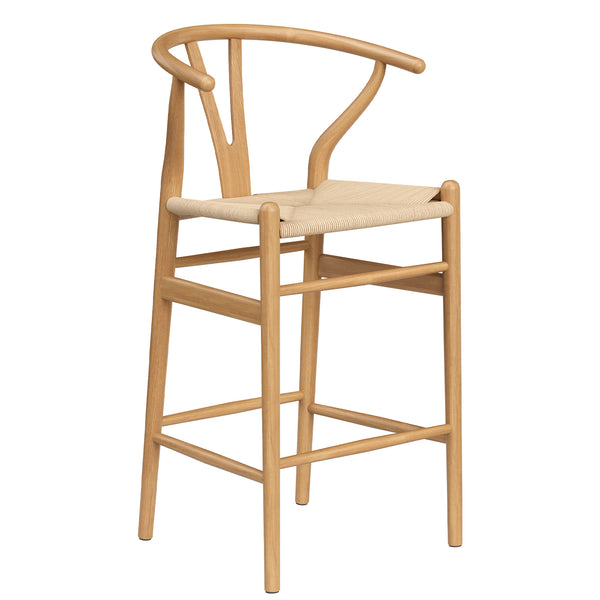 English Elm Wishbone Rattan Barstool with Woven Papercord Seat, Solid Ash Wood, Eco-Friendly Finish, Fully Assembled Natural T3623P379819