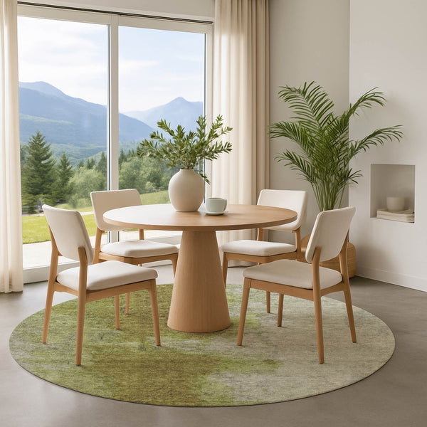 HomeRoots 8' Abstract Olive Green and Beige Washable Round Rug with UV Protection for Modern Spaces 699809