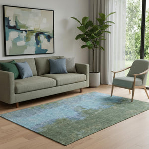 HomeRoots 5' X 8' Green and Blue Abstract Area Rug - Washable, UV-Protected, Durable for High-Traffic Spaces 699820