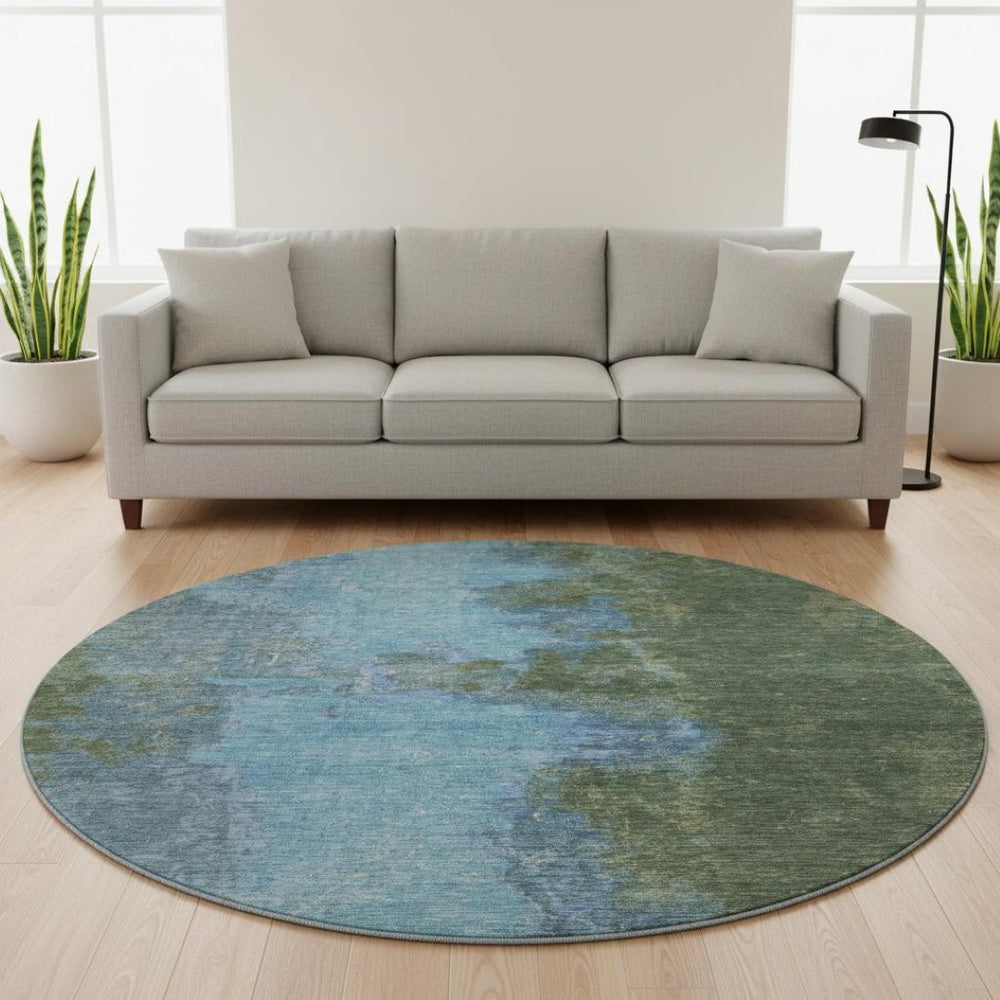 HomeRoots 8' Modern Abstract Green and Blue Washable Round Rug with UV Protection for Busy Homes 699821