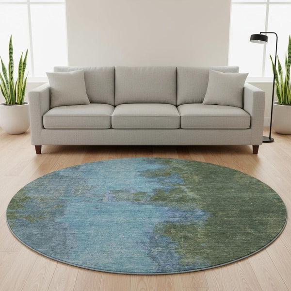 HomeRoots 8' Modern Abstract Green and Blue Washable Round Rug with UV Protection for Busy Homes 699821