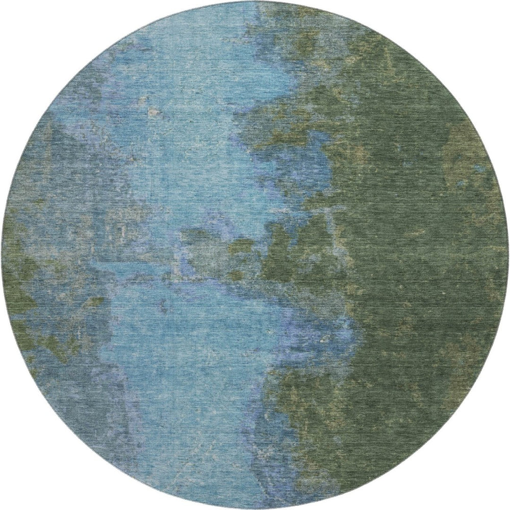 HomeRoots 8' Modern Abstract Green and Blue Washable Round Rug with UV Protection for Busy Homes 699821