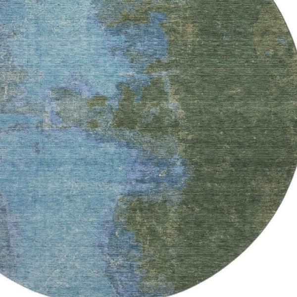 HomeRoots 8' Modern Abstract Green and Blue Washable Round Rug with UV Protection for Busy Homes 699821