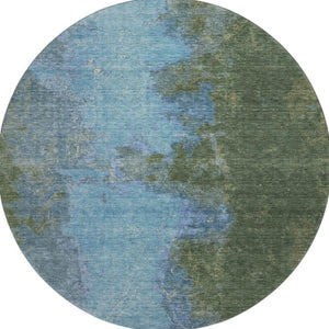 HomeRoots 8' Modern Abstract Green and Blue Washable Round Rug with UV Protection for Busy Homes 699821