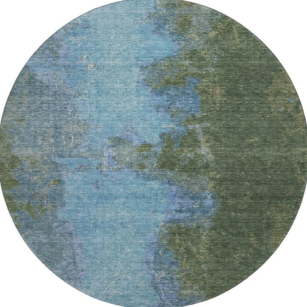 HomeRoots 8' Modern Abstract Green and Blue Washable Round Rug with UV Protection for Busy Homes 699821