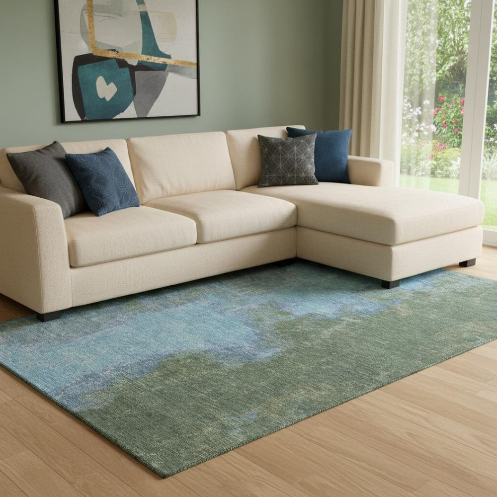 HomeRoots 8' X 10' Stylish Green and Blue Abstract Area Rug - Washable, UV Protected, Stain Resistant, Non-Slip 699822