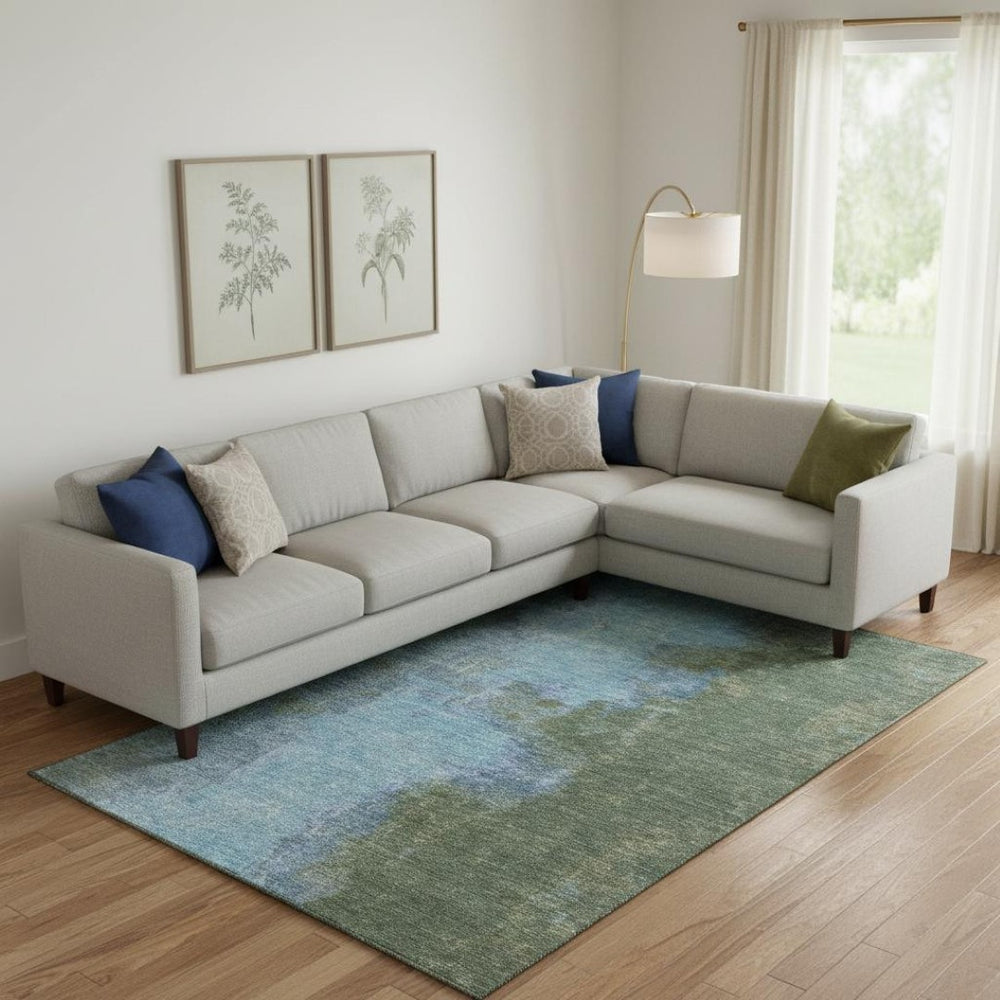 HomeRoots 9' X 12' Stylish Green and Blue Abstract Area Rug - Washable, UV Protected, Perfect for Families & Pets 699823