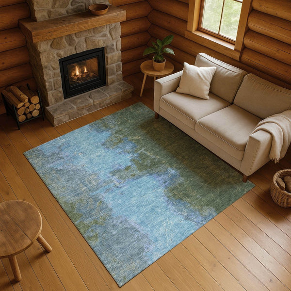 HomeRoots 9' X 12' Stylish Green and Blue Abstract Area Rug - Washable, UV Protected, Perfect for Families & Pets 699823