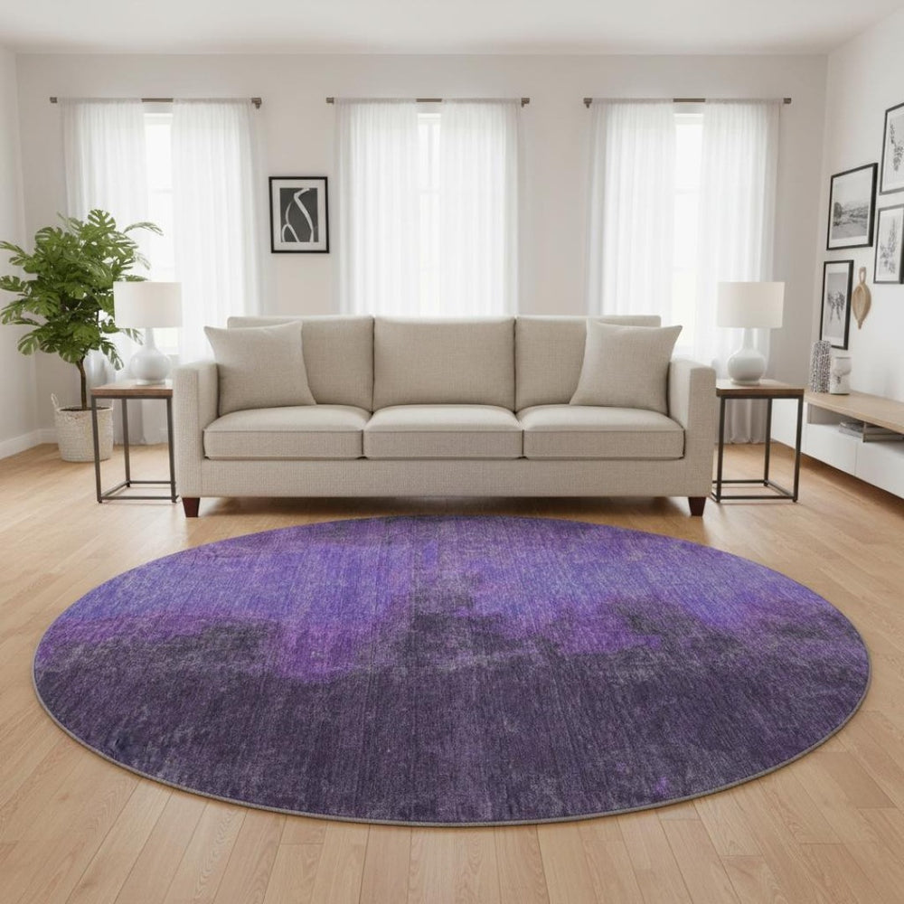 HomeRoots 8' Vibrant Eggplant & Purple Abstract Washable Round Rug with UV Protection for Modern Spaces 699827