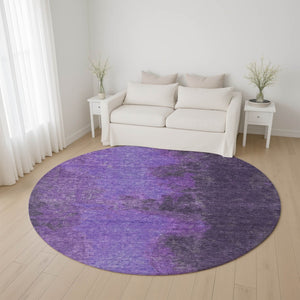 HomeRoots 8' Vibrant Eggplant & Purple Abstract Washable Round Rug with UV Protection for Modern Spaces 699827