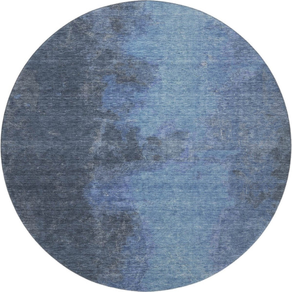 HomeRoots 8' Navy Blue and Gray Abstract Round Rug – Machine-Washable, UV-Protected, Stain-Resistant Design 699845