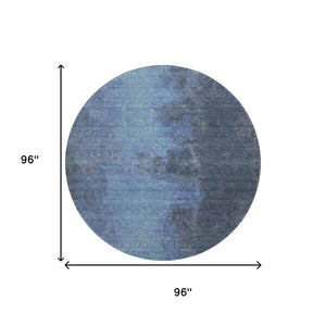 HomeRoots 8' Navy Blue and Gray Abstract Round Rug – Machine-Washable, UV-Protected, Stain-Resistant Design 699845
