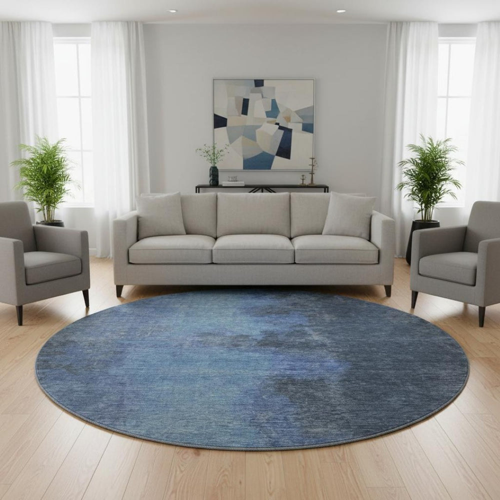 HomeRoots 8' Navy Blue and Gray Abstract Round Rug – Machine-Washable, UV-Protected, Stain-Resistant Design 699845