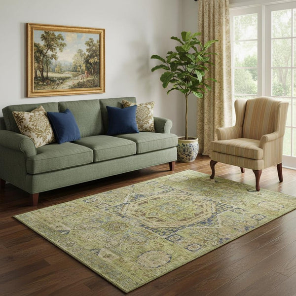 HomeRoots 5' X 8' Artichoke Green & Blue Oriental Washable Rug - Stain-Resistant, UV-Protected, Non-Slip Design 699851