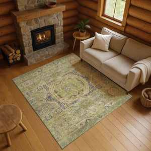 HomeRoots 5' X 8' Artichoke Green & Blue Oriental Washable Rug - Stain-Resistant, UV-Protected, Non-Slip Design 699851