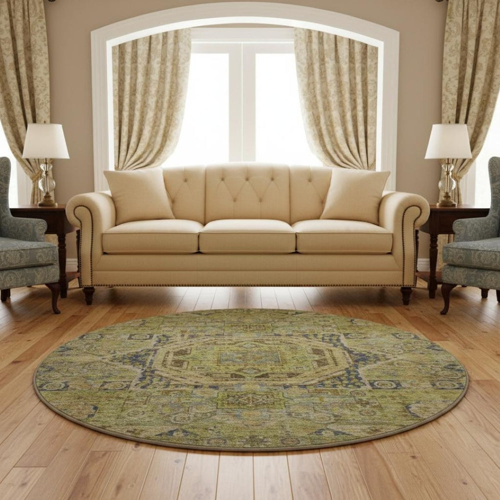 HomeRoots 8' Artichoke Green & Blue Oriental Round Rug - Washable, UV-Protected, Durable for High-Traffic Areas 699852
