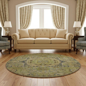 HomeRoots 8' Artichoke Green & Blue Oriental Round Rug - Washable, UV-Protected, Durable for High-Traffic Areas 699852
