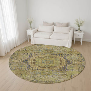 HomeRoots 8' Artichoke Green & Blue Oriental Round Rug - Washable, UV-Protected, Durable for High-Traffic Areas 699852