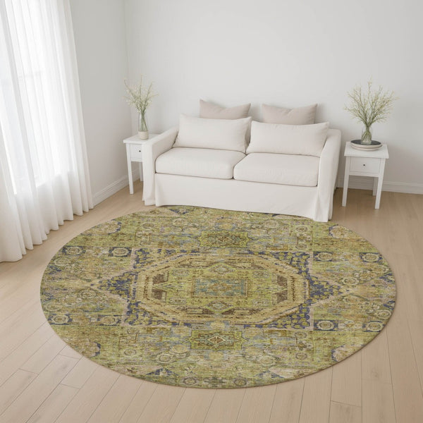 HomeRoots 8' Artichoke Green & Blue Oriental Round Rug - Washable, UV-Protected, Durable for High-Traffic Areas 699852