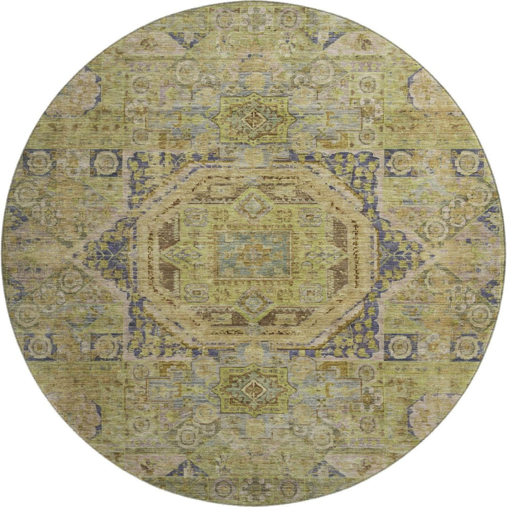 HomeRoots 8' Artichoke Green & Blue Oriental Round Rug - Washable, UV-Protected, Durable for High-Traffic Areas 699852