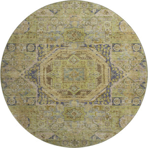 HomeRoots 8' Artichoke Green & Blue Oriental Round Rug - Washable, UV-Protected, Durable for High-Traffic Areas 699852
