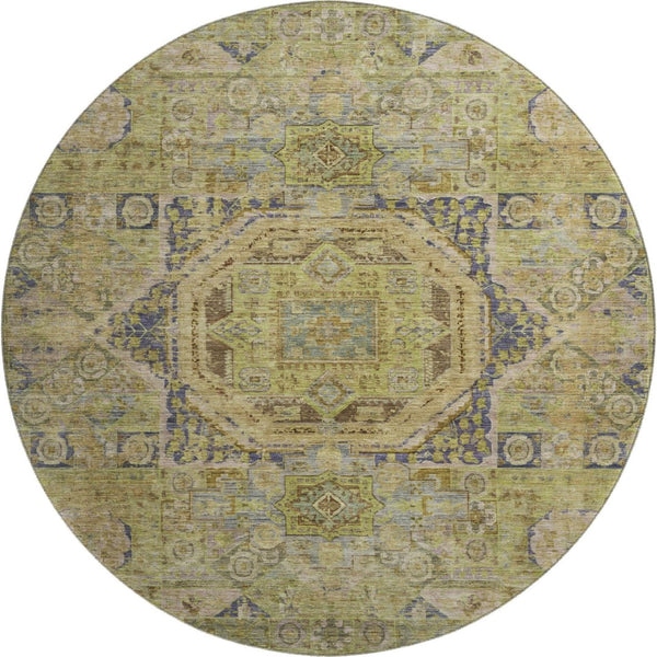 HomeRoots 8' Artichoke Green & Blue Oriental Round Rug - Washable, UV-Protected, Durable for High-Traffic Areas 699852